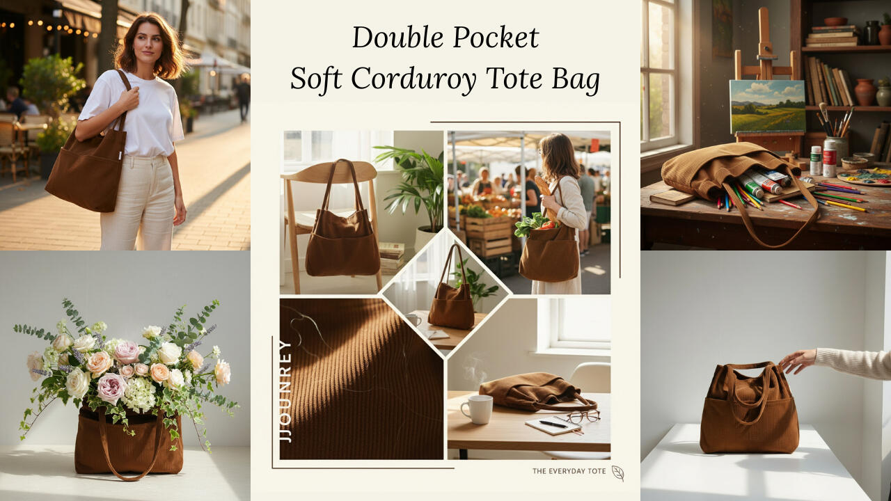 Double Pocket Soft Corduroy Tote Bag
