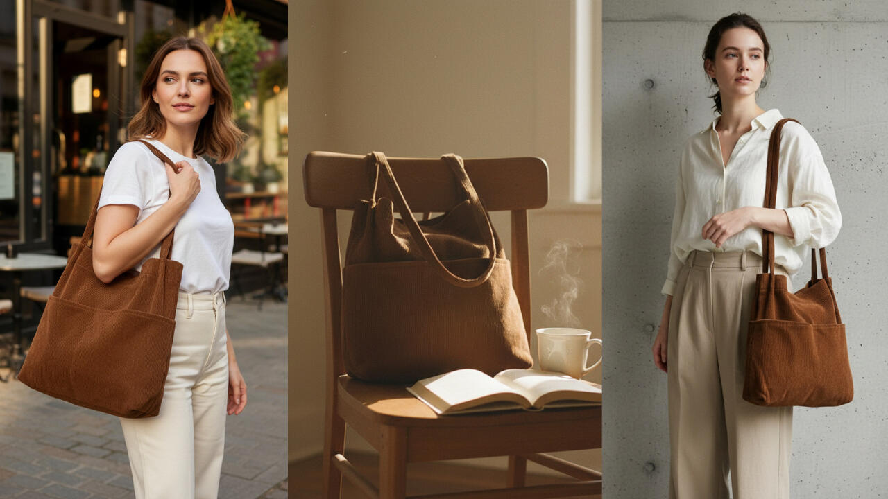 Double Pocket Soft Corduroy Tote Bag