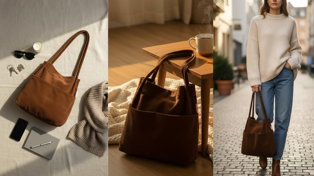 Double Pocket Soft Corduroy Tote Bag