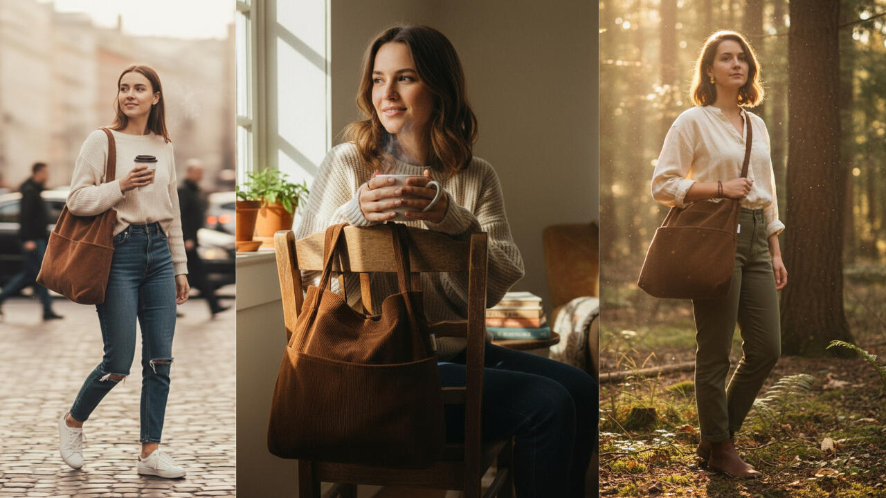 Double Pocket Soft Corduroy Tote Bag