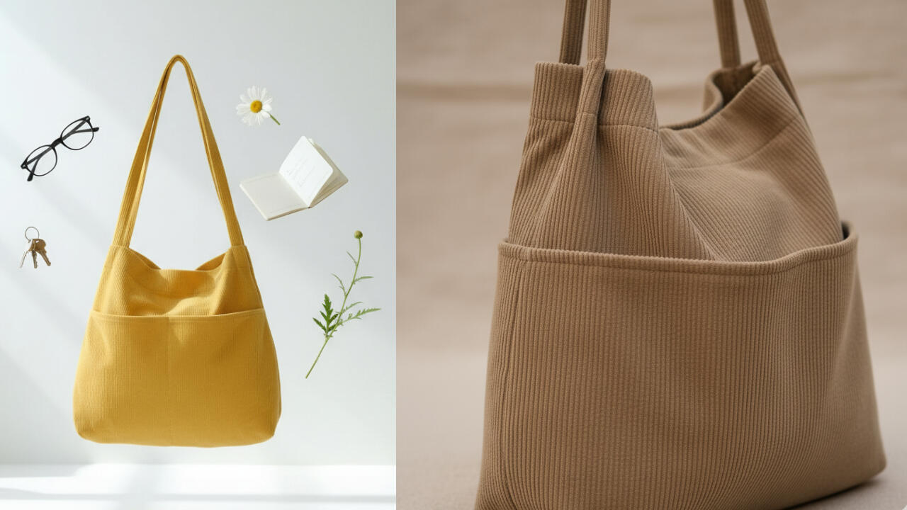 Double Pocket Soft Corduroy Tote Bag