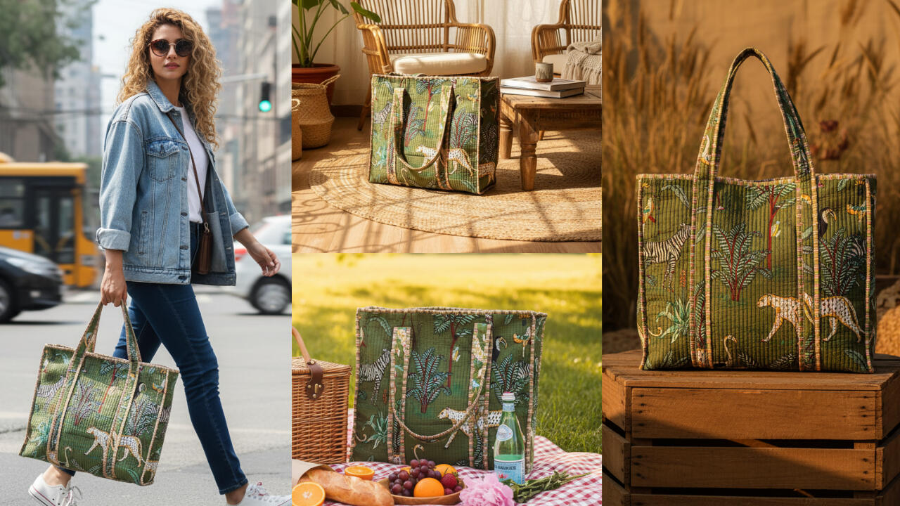 Handmade Jungle Print Quilted Cotton Tote Bag