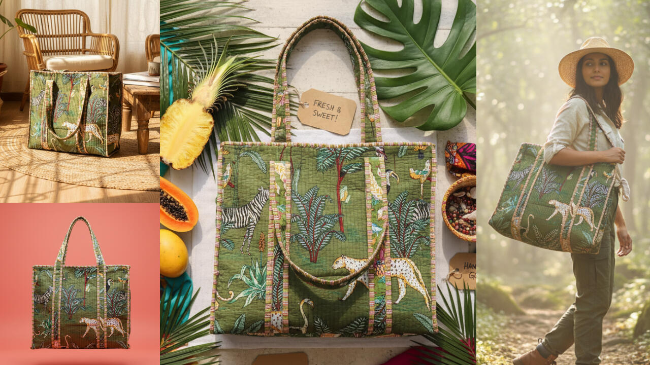 Handmade Jungle Print Quilted Cotton Tote Bag